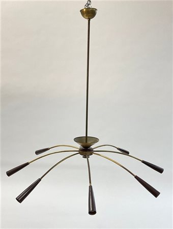 * Lampada a sospensione simil Stilnovo a otto luci in metallo ottonato e allumi