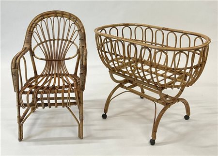 Lotto composto da una culla (cm 106x57x79) e una poltrona in manao e scorteccia