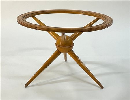* Tavolino con struttura tripode retta da sfera. Italia, anni '50. (h cm 46; d