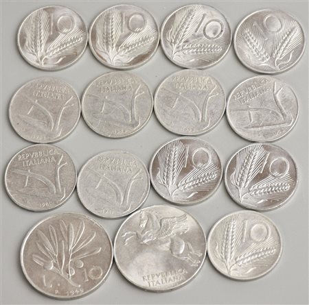 LOTTO DI LIRE ITALIANE composto da 15 monete da 10 lire varie annate di...