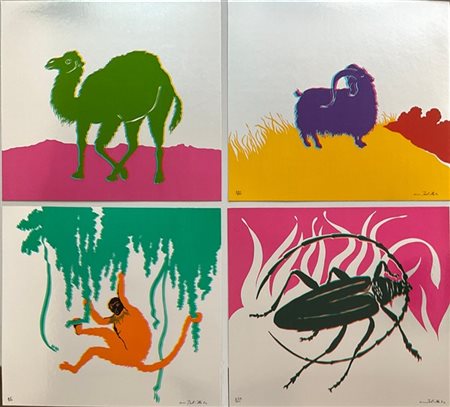 Gino Marotta "Scimmia - Muflone - Dromedario - Scarabeo" 1974
quattro serigrafie
