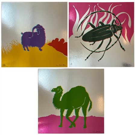 Gino Marotta "Muflone - Dromedario - Scarabeo" 1974
tre serigrafie su cartoncino