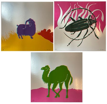 Gino Marotta "Muflone - Dromedario - Scarabeo" 1974
tre serigrafie su cartoncino