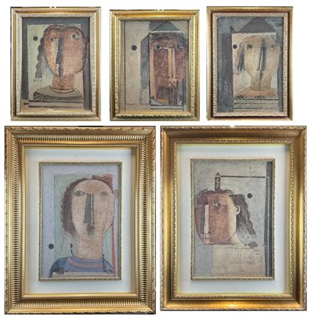 Antonio Mignozzi Lotto composto da cinque tecniche miste su tela raffiguranti vo