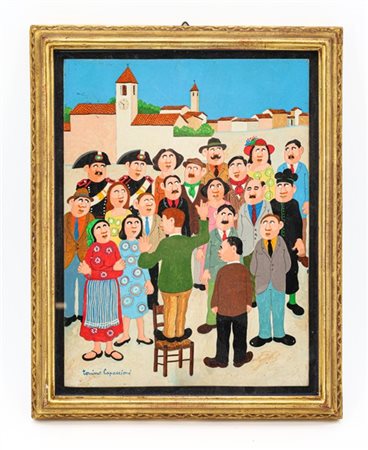 Capaccioni Tonino "Coro paesano" olio su cartone (cm 24x18) in cornice dorata