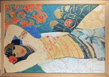 Salvatore Fiume "Deborah in giardino" 
serigrafia su broccato applicata su mason