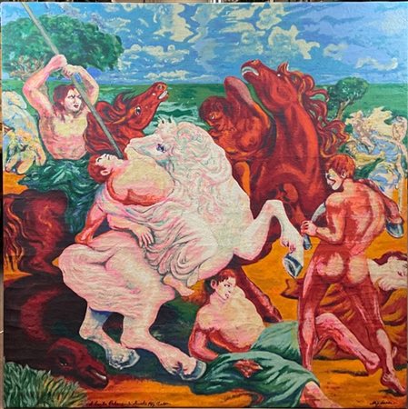 Aligi Sassu "Battaglia di tre cavalieri" 1980/83
serigrafia su tela e stampa pol