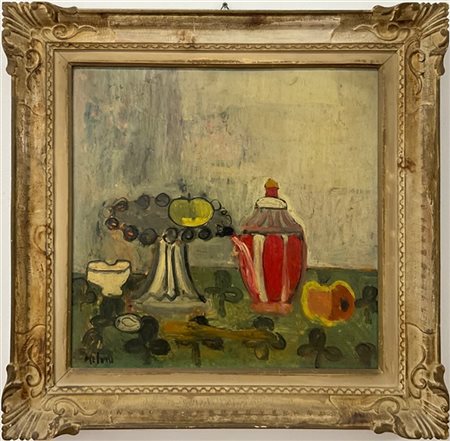 Gino Meloni "Natura morta" 
olio su compensato
cm 48,2x48,2
Firmato in basso a s