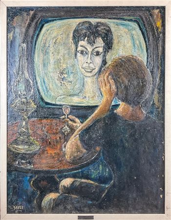 Piero Gauli "Interno con la presentatrice Sampo alla televisione" 1960
olio su t