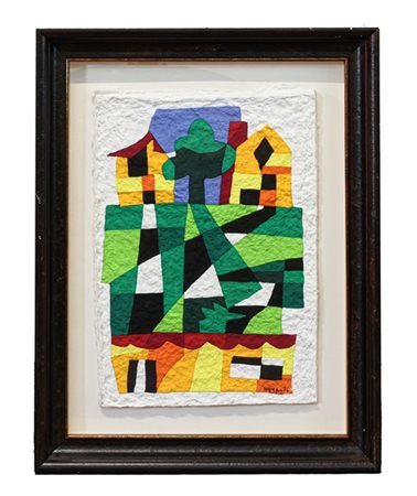 Ugo Nespolo "La via del rifugio" 
collage di feltro su carta
cm 49x33
firmata in