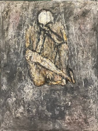 Giuliano Collina "Figura maschile rannicchiata sotto la pioggia ai piedi della c