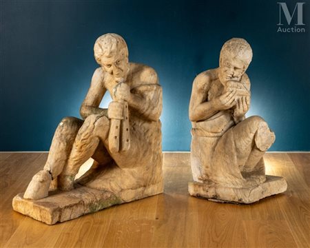 Deux sculptures de jardin Deux sculptures de jardin figurant deux faunes...