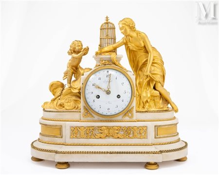 Pendule à l'Allégorie de l'Amour En bronze doré et marbre blanc, figurant une...