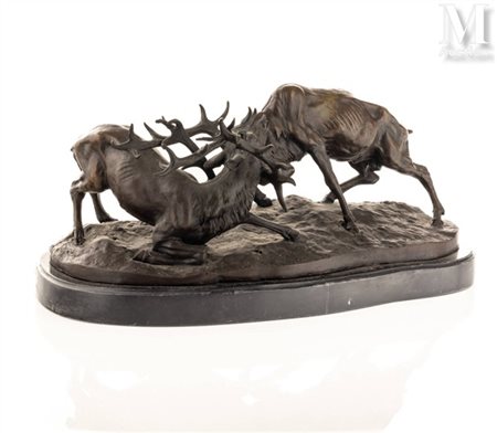 Pierre-Jules MÈNE (1810-1879) Le combat de cerfs Bronze à patine brune Base...