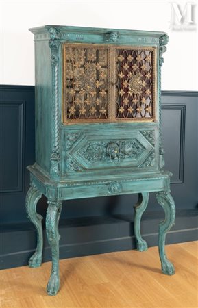 Meuble Bar à deux corps Bois peint en camaïeu de bleu, ouvrant à deux portes...