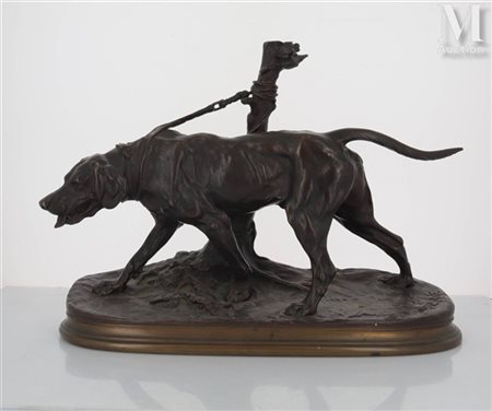 Pierre-Jules MÈNE (1810-1879) Chien limier à l'attache Bronze à patine...