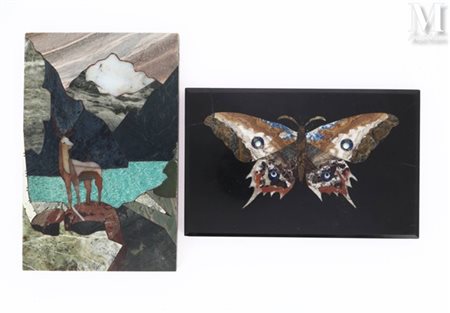PIETRA DURA Deux plaques rectangulaires en marqueterie de pietra dura. L'une...