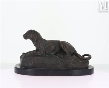 Antoine-Louis BARYE, d'après Lionne au repos Bronze à patine brune Signé en...