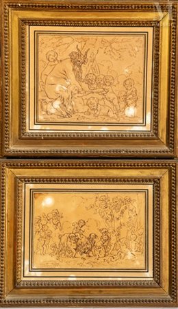 Louis Félix DELARUE (1730-1777) Satyre et putti, 1758 Paire d'encres...