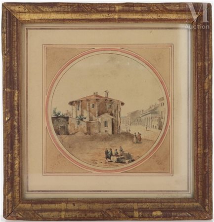 Victor Jean NICOLLE (1754-1826) Vue animée du Forum Boarium à Rome Aquarelle,...