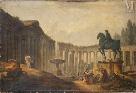 Entourage d'Hubert ROBERT (1733-1808) Caprice de ruine à la statue équestre...