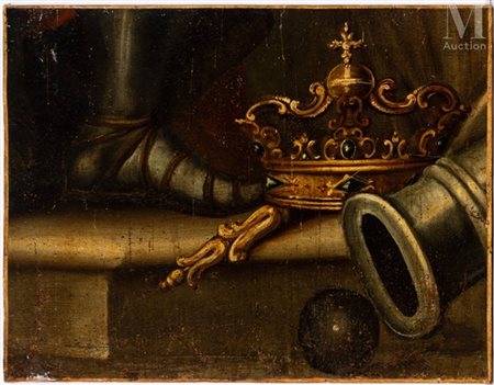 Ecole espagnole du XVIII ème siècle Fragment de peinture à la couronne et au...