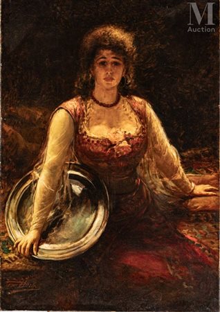 Léon HERBO (1850-1907) Portrait de femme à la robe rouge Huile sur toile...