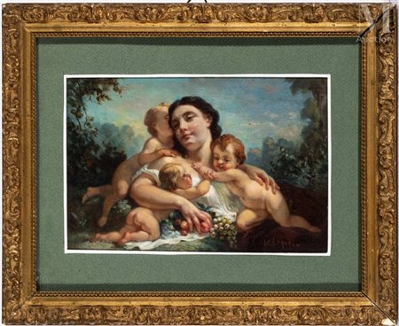 Martial LEQUEUX (XIX ème siècle) La Maternité Huile sur panneau Signée en bas...