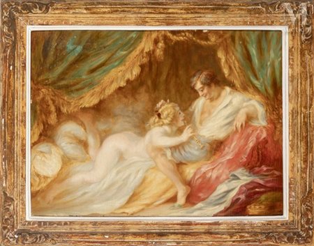 Louis ANQUETIN (1861 - 1932) Scène galante Huile sur panneau Signée en bas à...