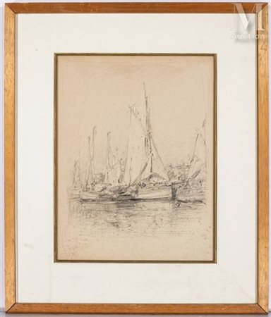Gustave RICARD (1823-1873) Marine aux voiliers Pierre noire sur papier Cachet...