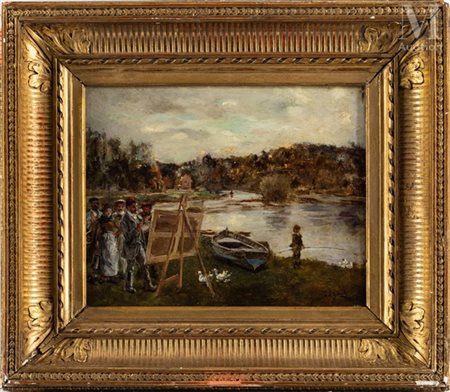 Eduardo León GARRIDO (1856-1949) Leçon de peinture en bords de Marne...