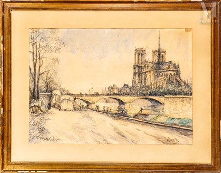 FRANK-WILL (1900-1950) Vue de la Seine et Notre-Dame de Paris Aquarelle et...