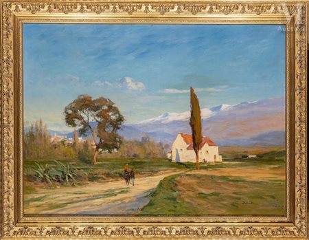 André DELAISTRE (1865-1931) Paysage de Provence aux voyageurs Huile sur toile...