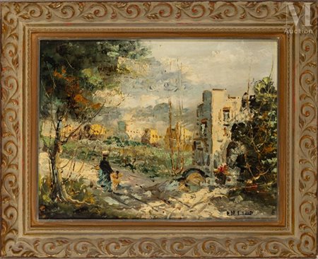 Roberto DE LISIO (XX ème siècle) Paysage animé Huile sur toile Signée en bas...