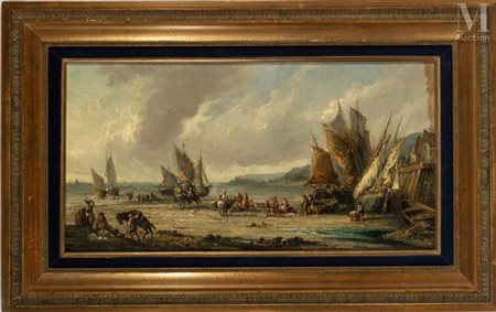 Ecole anglaise du XIX eme Vue portuaire animée Huile sur toile Signée "BAKER"...