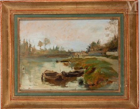Pierre BERRIAT (1866-1923) La Seine à Rueil près Paris, 1887 Huile sur carton...
