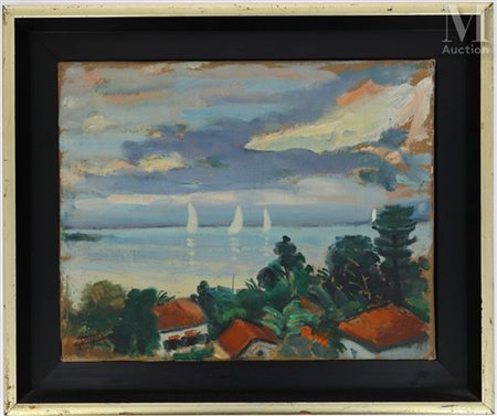 Nino GIUFFRIDA (1924-2015) Les voiles dans la baie Huile sur toile Signée en...