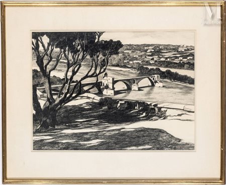 Jean MAYODON (1893-1967) Le Pont d'Avignon Fusain sur papier Signé en bas à...
