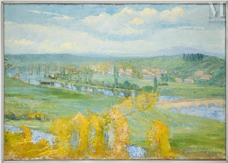 Ecole moderne du début du XX ème Bourg-Charente, 1928 Huile sur toile Signée,...