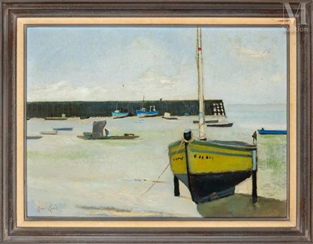 René GENIS (1922-2004) La Barque sur cales (Cancale) Huile sur toile Signée...