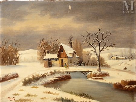 École française du début du XX ème siècle Paysage de chaumière enneigée Huile...