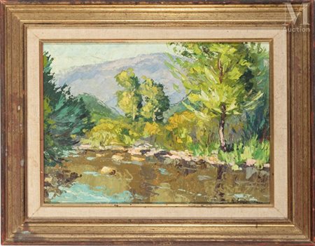 Raoul BERJONNEAU (1911-1998) Ruisseau au bord du Var Huile sur panneau Signée...