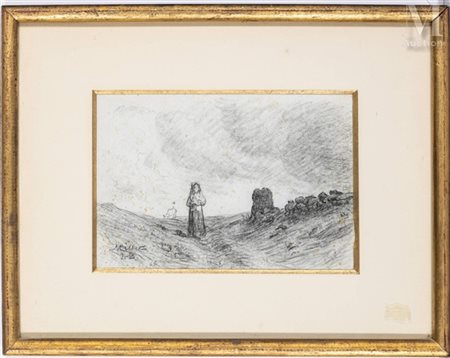 Jean-Baptiste MILLET (1831-1906) Bergère au champs Fusain sur papier Signée...