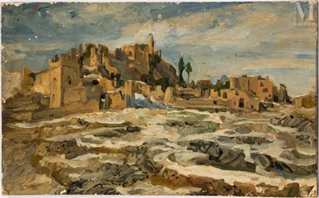 Johannes Hendrikus JURRES (1875-1946) Vue de ville fortifiée Huile sur carton...