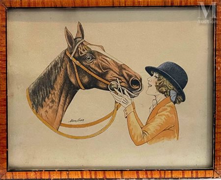 Xavier SAGER (1870-1930) Cavalière et son cheval Estampe aquarellée 22 x 28...