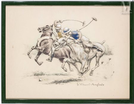 Henri VINCENT-ANGLADE (1876-1956) Les Joueurs de Polo Pierre noire, pastel et...