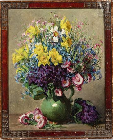 Auguste KIND (1863-?) Nature morte au pichet vert, 1932 Huile sur panneau...