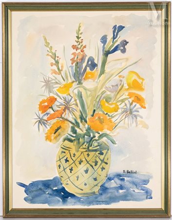 Emmanuel BELLINI (1904-1989) Nature morte au bouquet et vase bleu-vert...