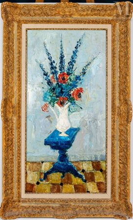 Bernard LIGNON (1928-2017) Nature morte à la table bleue Huile sur toile...