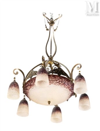 SCHNEIDER Lustre en pâte de verre teintée rose pâle à décor moucheté lit de...